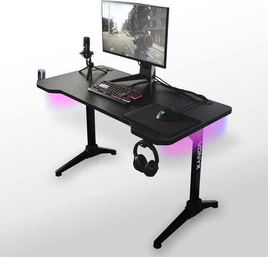 Gaming bureau met LED verlichting - Vonyx DB20 gaming desk met anti slip- en kraslaag - 120cm breed bureaublad met stalen frame - kabelmanagement - incl. afstandsbediening - Zwart